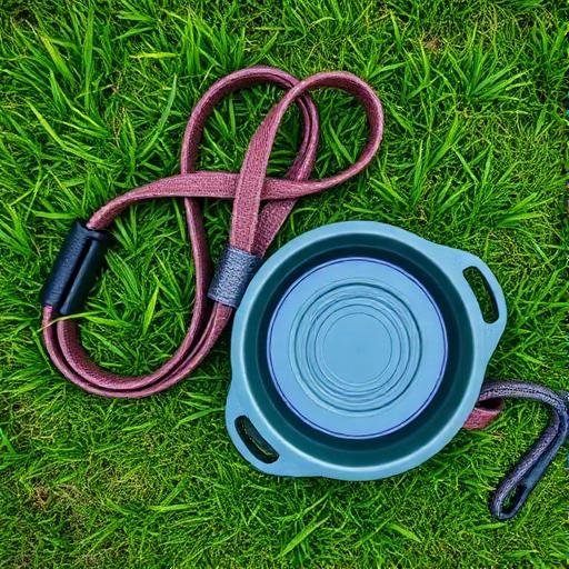Dog leash and collapsible water bowl on green grass