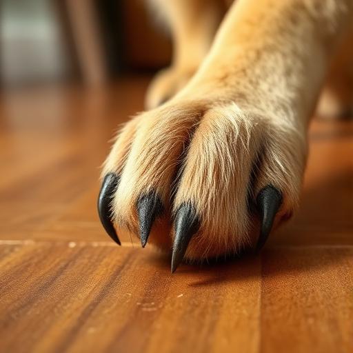 Close up of a happy dog's paw on a wooden floor